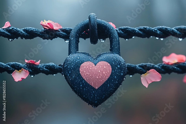 Fototapeta Elegant gray heart-shaped padlock attached to two metal bars symbolizing love Valentine's Day romantic intimate concept cozy affectionate decorative scene