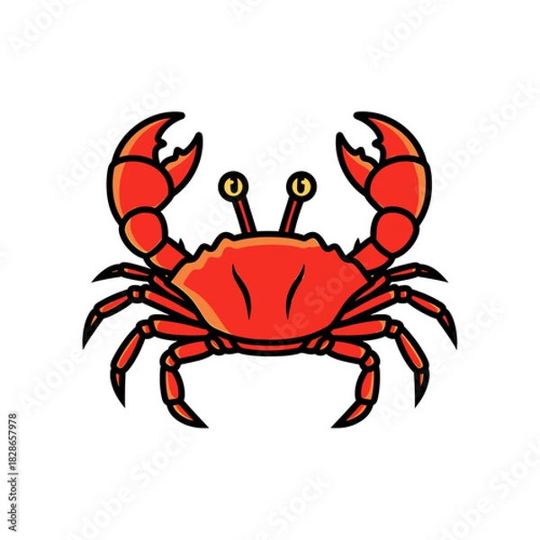 Fototapeta A vibrant cartoon illustration of a red crab with outstretched claws, isolated.