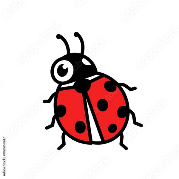 Fototapeta Cartoon illustration of a red ladybug with black spots and antennae, isolated on a white background.