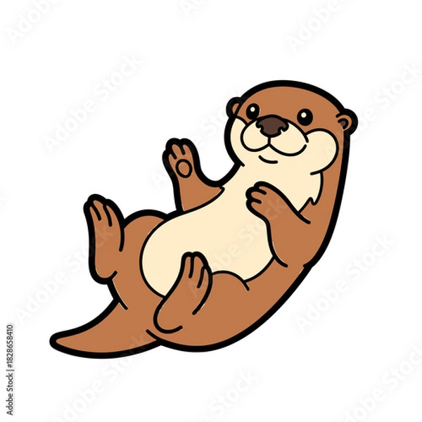 Fototapeta A cartoon otter lies on its back, smiling and looking upwards, paws raised.