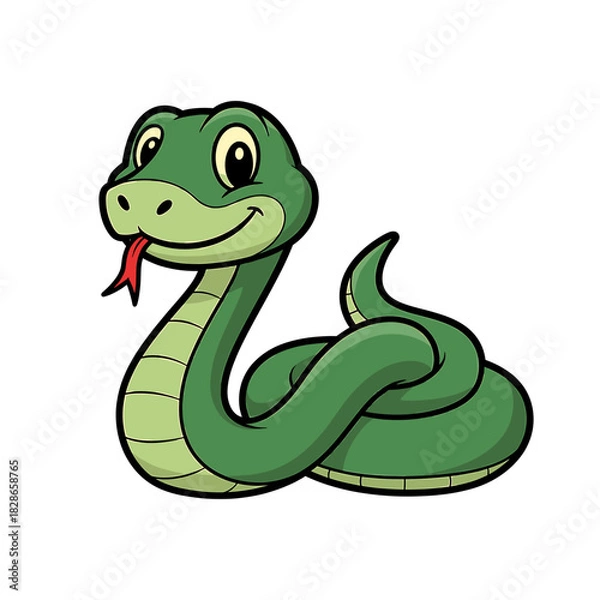 Fototapeta Cartoon illustration of a friendly green snake with a red tongue, smiling.