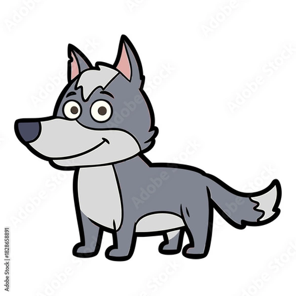 Fototapeta Cartoon illustration of a gray wolf standing with a happy expression.