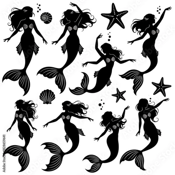 Fototapeta silhouette vector set of elegant mermaids in various graceful poses