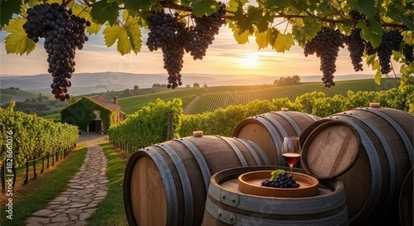 Obraz Picturesque vineyard scene at sunset with wine barrels, a glass of red wine, and ripe grapes hanging from vines.