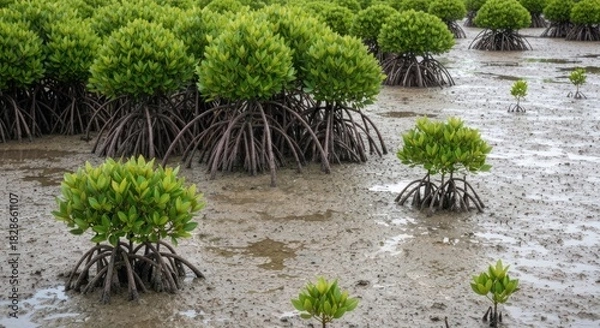 Obraz Low-angle shot of mangrove trees with aerial roots in a muddy, c