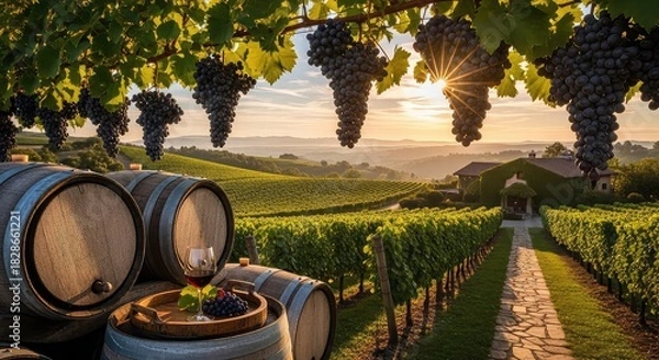 Obraz Picturesque vineyard at sunset with wine barrels, grapes, and a glass of red wine, showcasing a beautiful rural landscape.