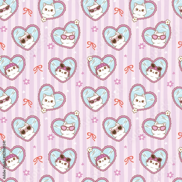 Fototapeta Cute Girly Self Love Cat Heart Frame Seamless Pattern Cartoon Hand Drawn Repeat Background