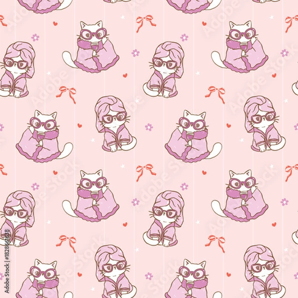 Obraz Cute Retro Coquette Girly Self Care Cat Seamless Pattern Cartoon Hand Drawn Repeat Background