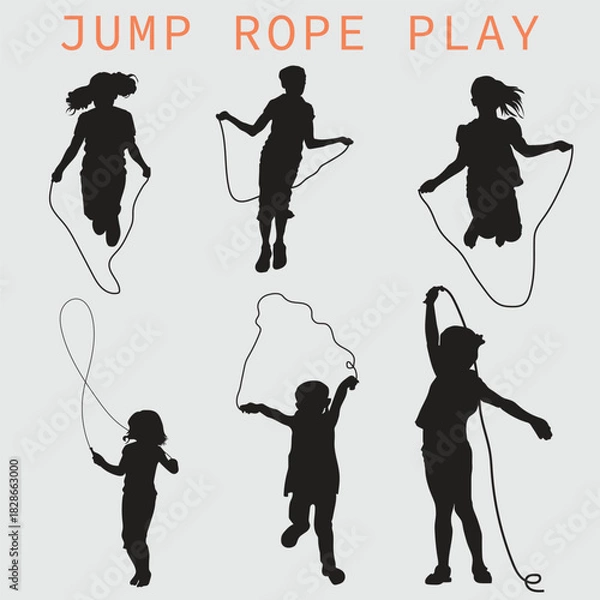 Fototapeta Silhouette of Childrens playing jump rope bundle vector design isolated on white background.Funny game children jumping rope
