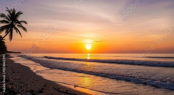 Obraz Golden sunset over a tropical beach with a palm tree silhouette and gentle ocean waves.