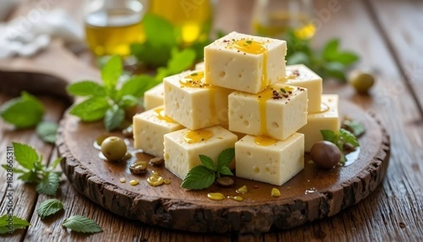 Obraz Fresh Nabulsi Cheese With Olive Oil on Rustic Board. nabulsi cheese