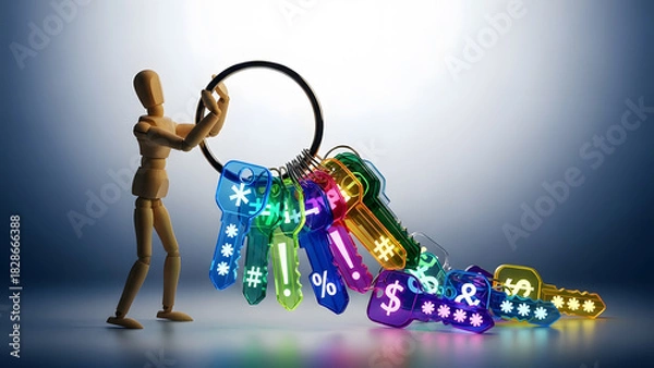 Fototapeta 大量のパスワード鍵束を管理するデッサン人形のセキュリティ課題