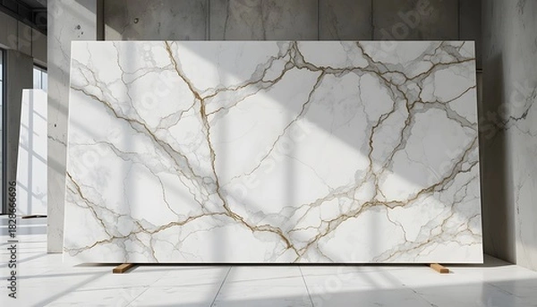 Obraz Carrara Marble Slab Displayed in Modern Showroom. cararra marble
