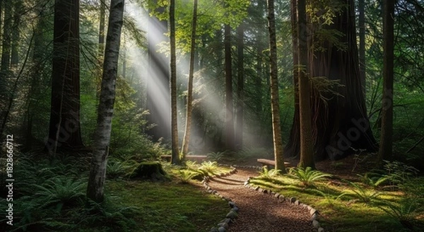 Obraz Sunbeams illuminate a winding path through a lush, green forest with tall trees and mossy ground.