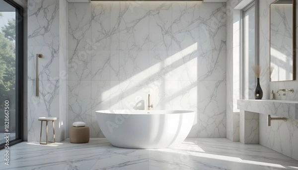 Obraz Modern Bathroom with Carrara Marble Walls and Floor. cararra marble