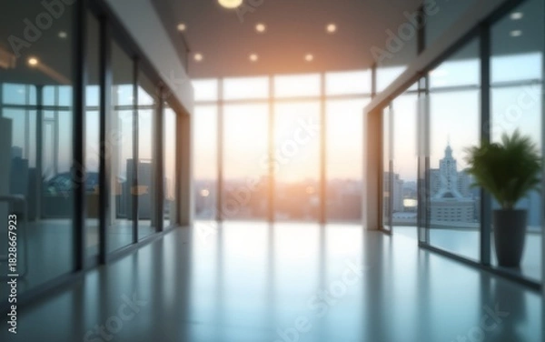 Fototapeta blurred for background. office building interior, empty hall in the modern office building. empty open space office. panoramic windows and beautiful lighting. High quality