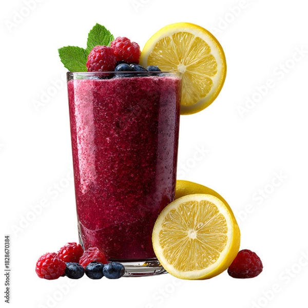 Fototapeta Vibrant Berry Smoothie with Fresh Lemon Slices on White Background