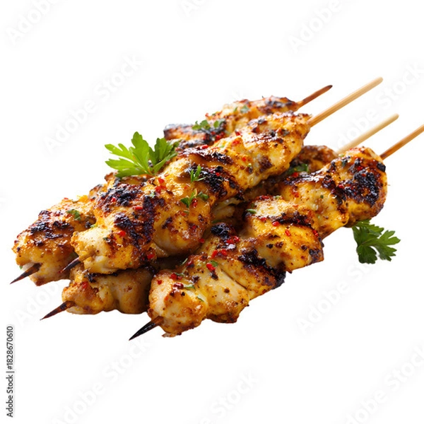 Fototapeta Delicious Spicy Grilled Chicken Skewers Isolated on White Background for Food Photography and Menu Design