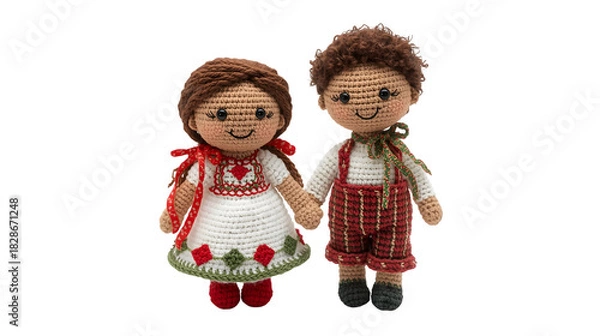 Obraz Handmade crochet dolls a girl and a boy holding hands isolated on white background