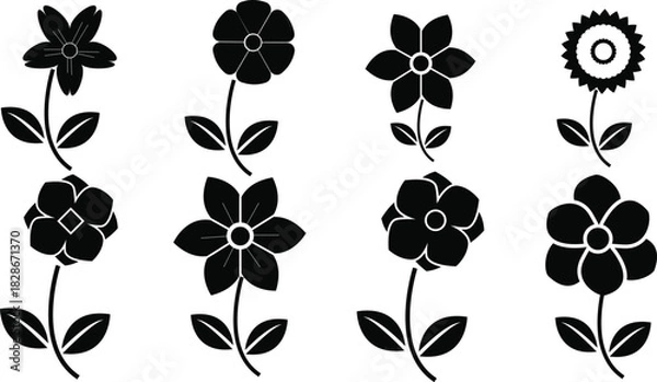 Fototapeta Collection of simple flower silhouettes with stems and leaves