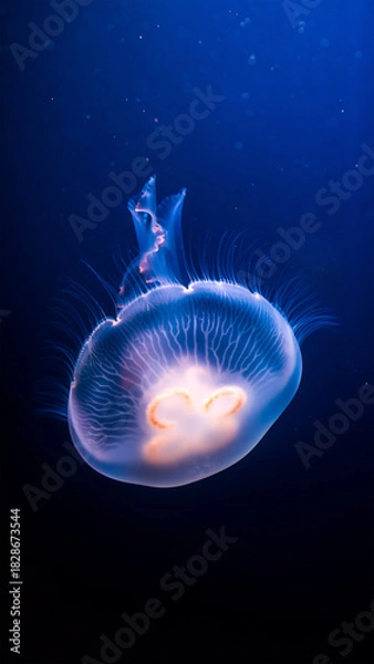 Fototapeta Glowing Moon Jellyfish Swimming in Dark Water