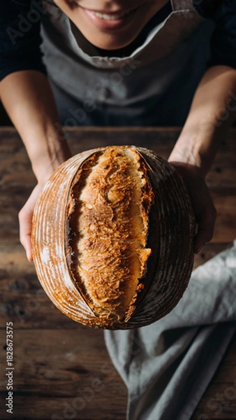 Fototapeta Baker Holding Rustic Sourdough Loaf of Bread