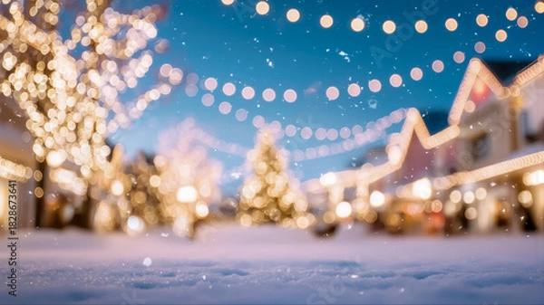 Obraz 雪が降る冬の夜にクリスマスのイルミネーションが輝く美しい街並みのボケた背景