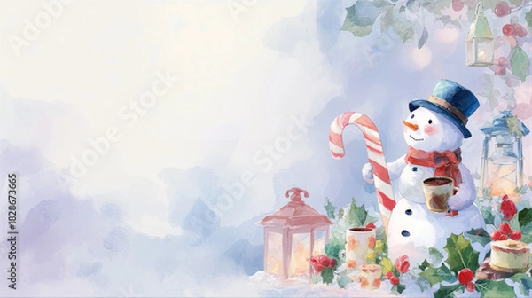 Obraz キャンディケインを持ちランタンのそばに立つかわいい雪だるまの水彩画風クリスマスイラスト背景