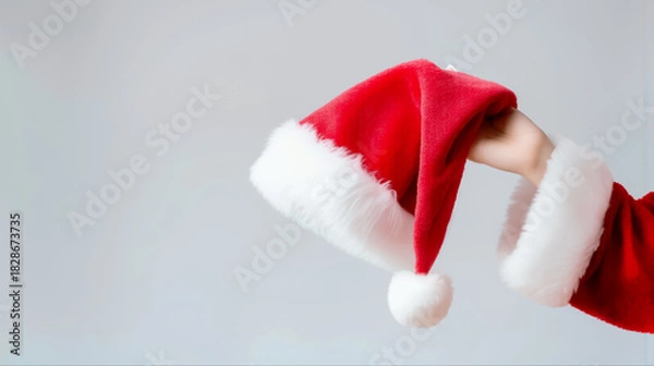 Fototapeta 白い背景で赤いサンタの帽子を持っているサンタクロースの手