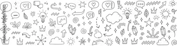 Obraz Hand drawn doodle elements including arrows stars speech bubbles leaves crowns crystals clouds and lightbulbs, concept of creative decoration and playful illustration