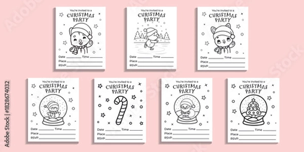 Obraz A large set of Christmas invitations, cute vector New Year coloring pages