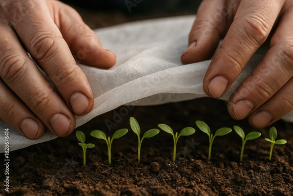 Fototapeta Nurturing Growth: A tender touch shields delicate seedlings, symbolizing care and the nurturing of life, fostering growth and future potential.