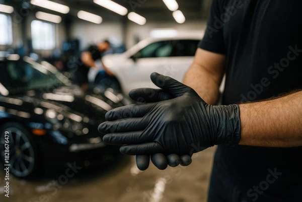 Fototapeta Readying for Precision: A person prepares for meticulous car maintenance, showcasing the dedication to detail and craft.