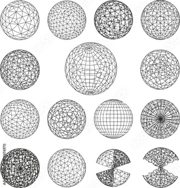 Fototapeta Isolated a kinds of deferent Wireframe sphere in different positions. Globe Grid set. Planet Earth orb vector outline vector art with white background..