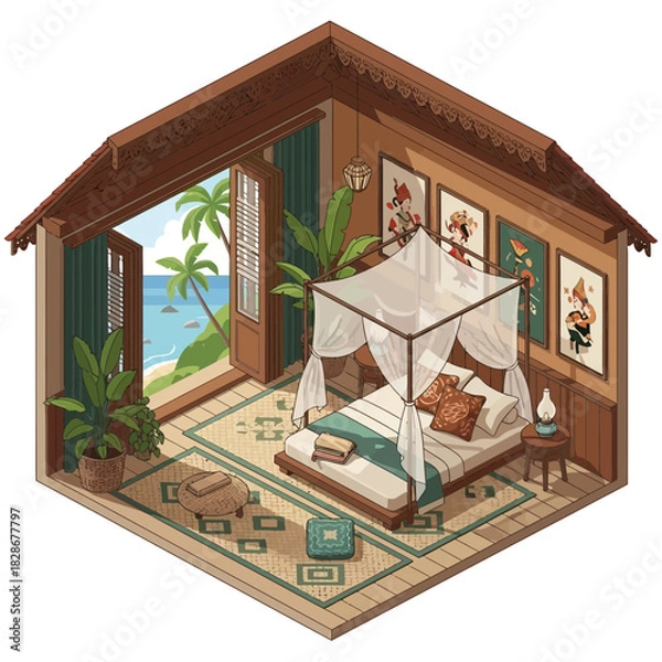 Fototapeta Isometric Illustration of a Tranquil Beachside Bedroom with Tropical Accents