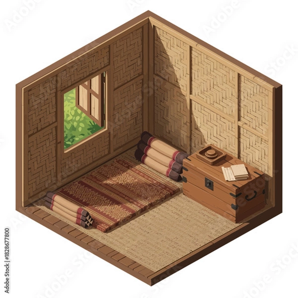 Obraz Isometric illustration of a traditional room with woven walls and mat