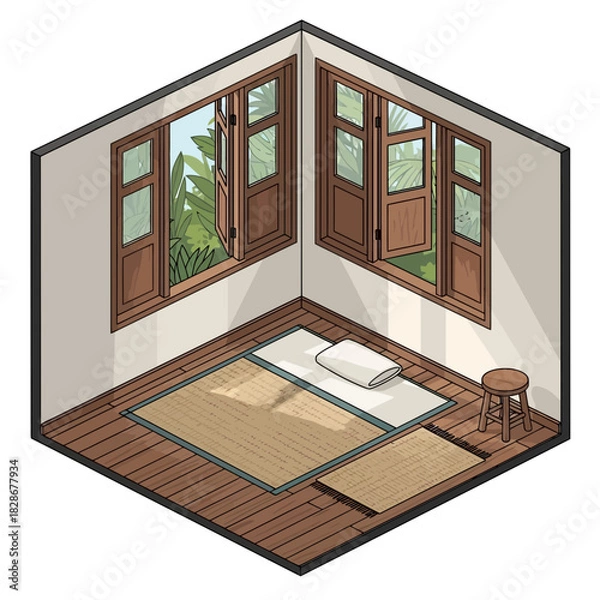 Obraz Isometric serene room with tropical view, showcasing tranquility and simplicity