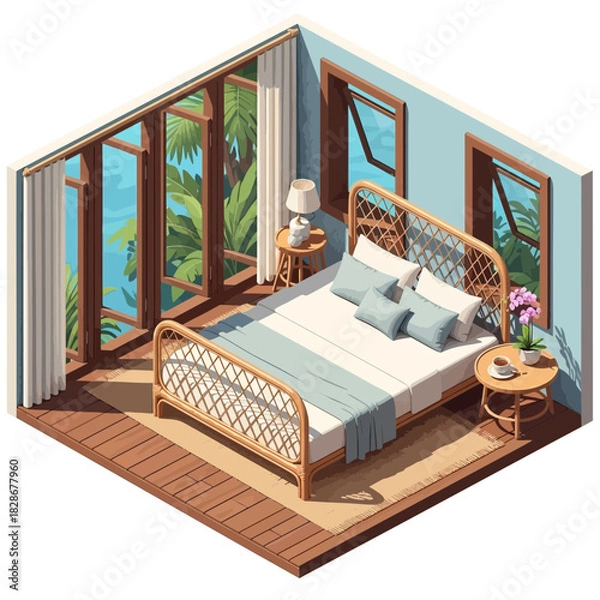 Obraz Isometric Tropical Bedroom Retreat with Rattan Furniture and Ocean View