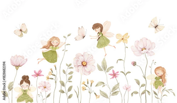 Obraz Cute watercolor composition with delicate flowers, green plants, fairies and butterflies. Isolated illustration floral meadow with characters for your design background, child room or wallpaper.