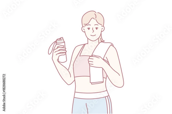 Obraz barista holding takeout cup and smartphone while wearing apron, offering drink with welcoming smile.