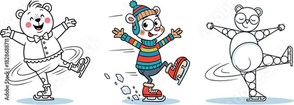 Fototapeta Cute cartoon bear ice skating in colorful winter outfit performing playful skating pose in fun children’s illustration artwork
