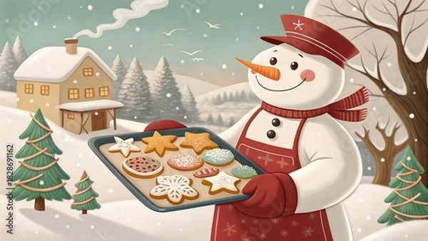 Fototapeta Snowman baker holding tray of Christmas cookies in snowy landscape with cabin