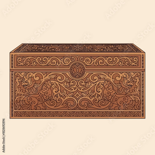 Obraz Ornate Wooden Chest with Dragon Motifs and Geometric Details in Vector Style