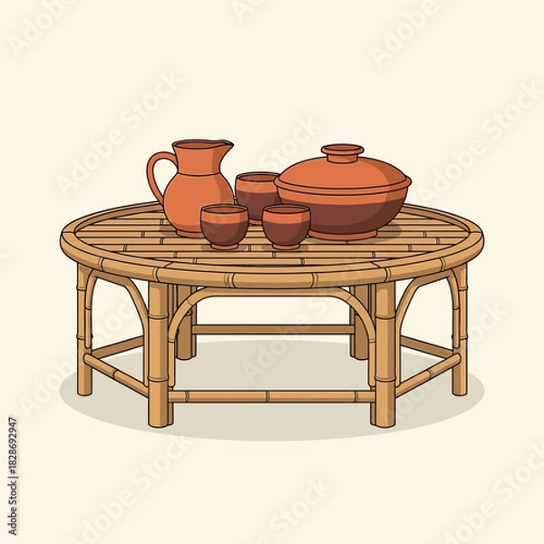 Obraz Still Life Illustration of Ceramic Pitcher, Bowl, and Cups on Bamboo Table