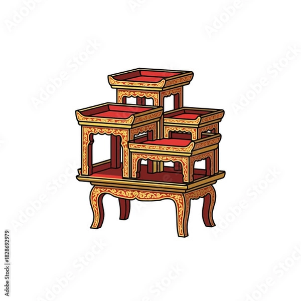 Obraz Traditional tiered altar table with intricate patterns for asian rituals