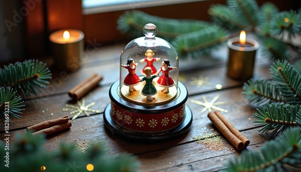 Obraz Christmas snow globe with dancing figures on wooden table  