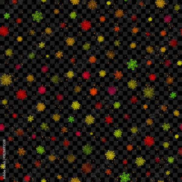 Fototapeta Seamless pattern with isolated bright Christmas snowflakes and snow on a transparent background. Vector illustration.