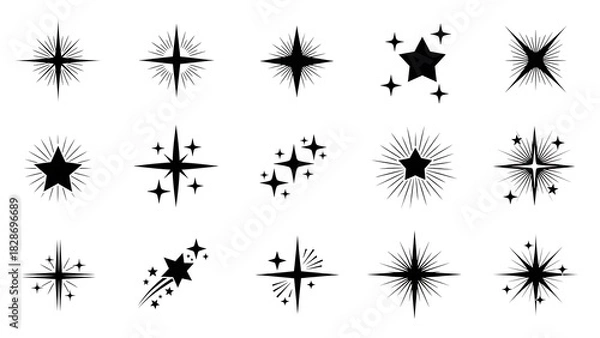 Fototapeta Collection of diverse black sparkle icons, starbursts, and shining stars, depicting light effects, glitter, and magical elements.