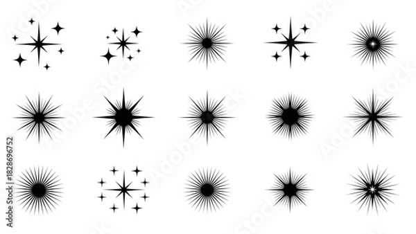 Fototapeta Collection of diverse black sparkle, starburst, and glitter effect icons, representing light, magic, and glowing elements