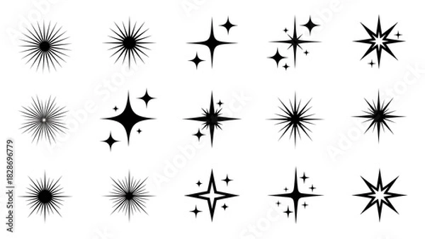 Fototapeta Collection of black sparkle and starburst icons on a white background, representing shine, glitter, and light effects for design.